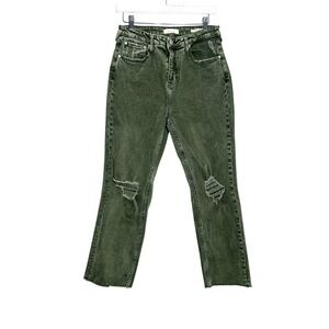 Cleo + Wolf Olive Green High‎ Waist Straight Crop Frayed Jeans Size 30W/27L